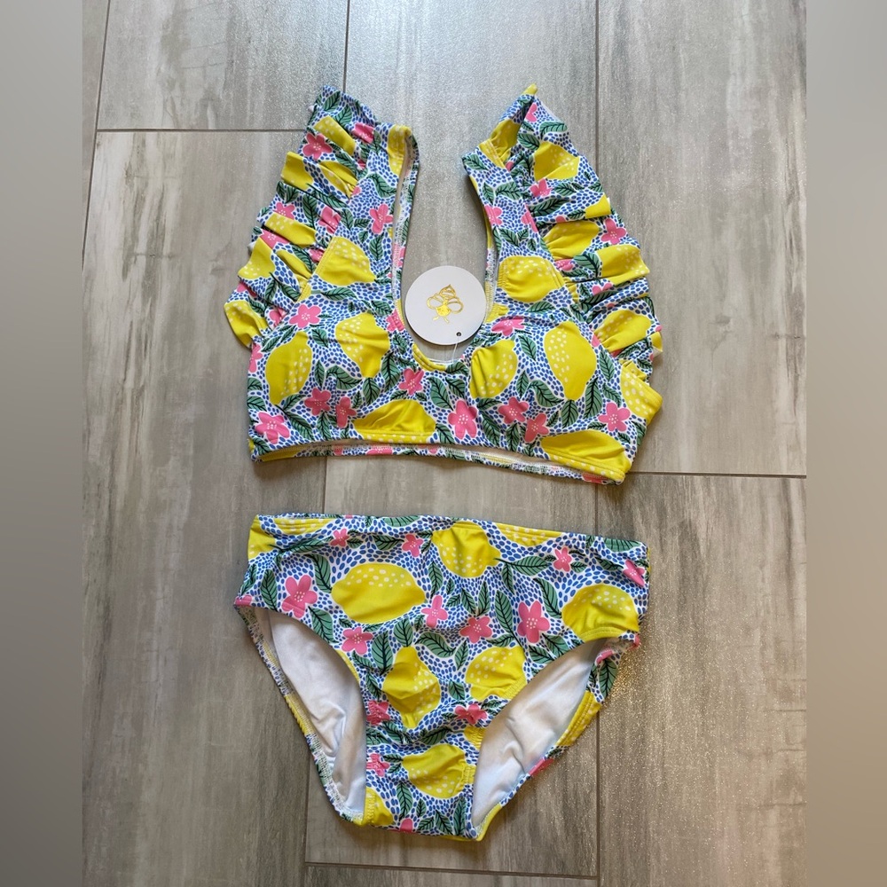 NWT Sugar Bee Colorful Lemon Floral Print Flutter 2-Piece Bikini, women’s S